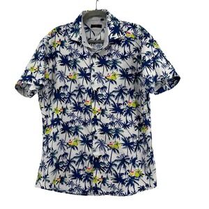 BC Collection Hawaiian Button Down Shirt Mens L White Blue Tropical Palm Tree